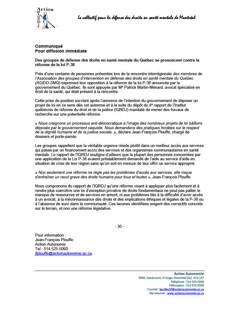 Image de l'article Des groupes de défense des droits en santé mentale du Québec se prononcent contre la réforme de la loi P-38