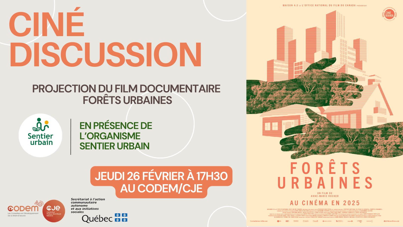 Image de l'article CINÉ-DISCUSSION – FILM-DOCUMENTAIRE FORÊTS URBAINES – 26 FÉVRIER 2026 À 17H30