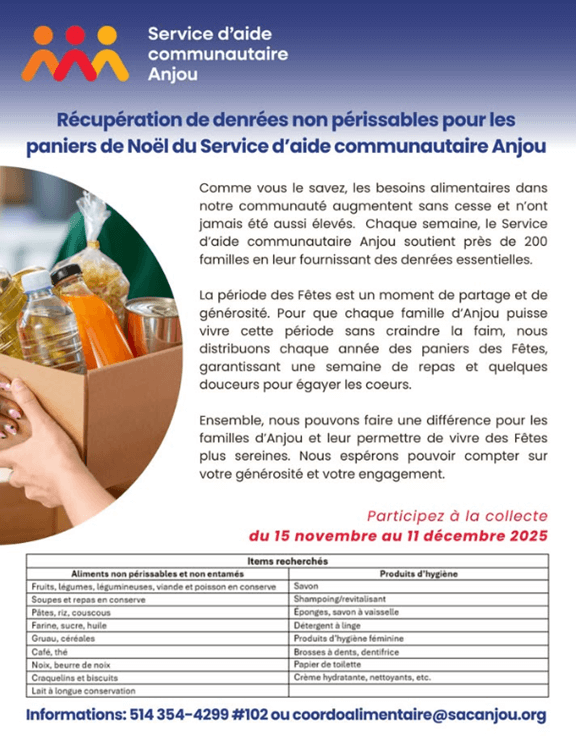Image de l'article Récupération de denrées non périssables pour les paniers de Noël du Service d’aide communautaire Anjou