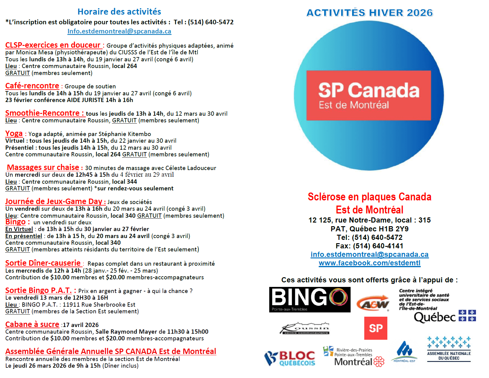 Image de l'article Calendrier d’activités HIVER-PRINTEMPS 2026