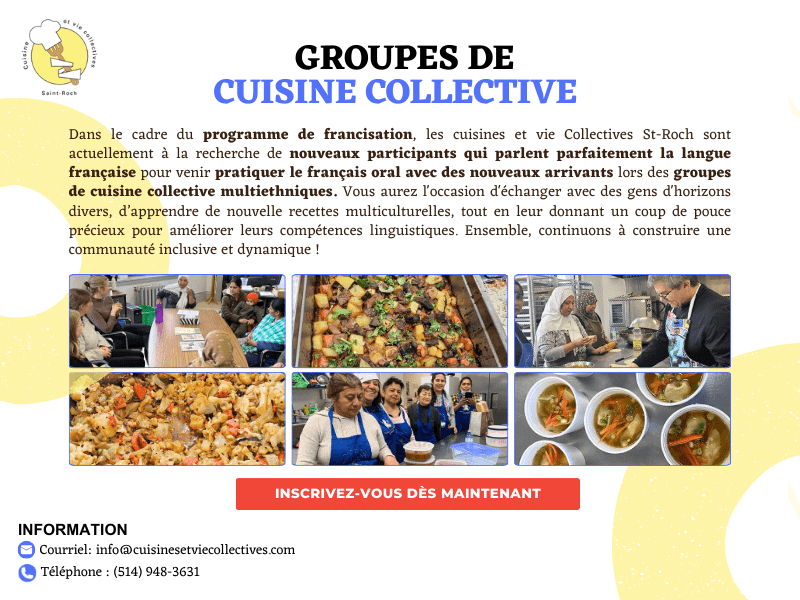 Image de l'article Recherche de nouveaux participants pour nos groupes de cuisine collective dans le cadre de notre programme de francisation
