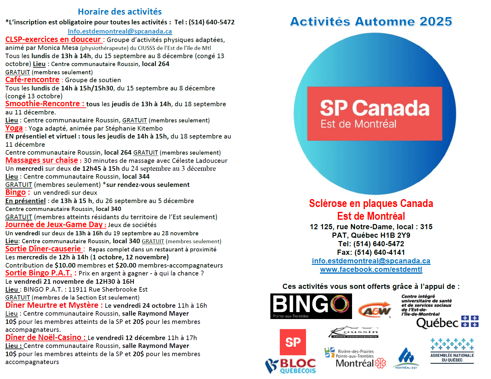Image de l'article SP CANADA – EST DE MONTRÉAL calendrier d’activités de l’automne 2025!