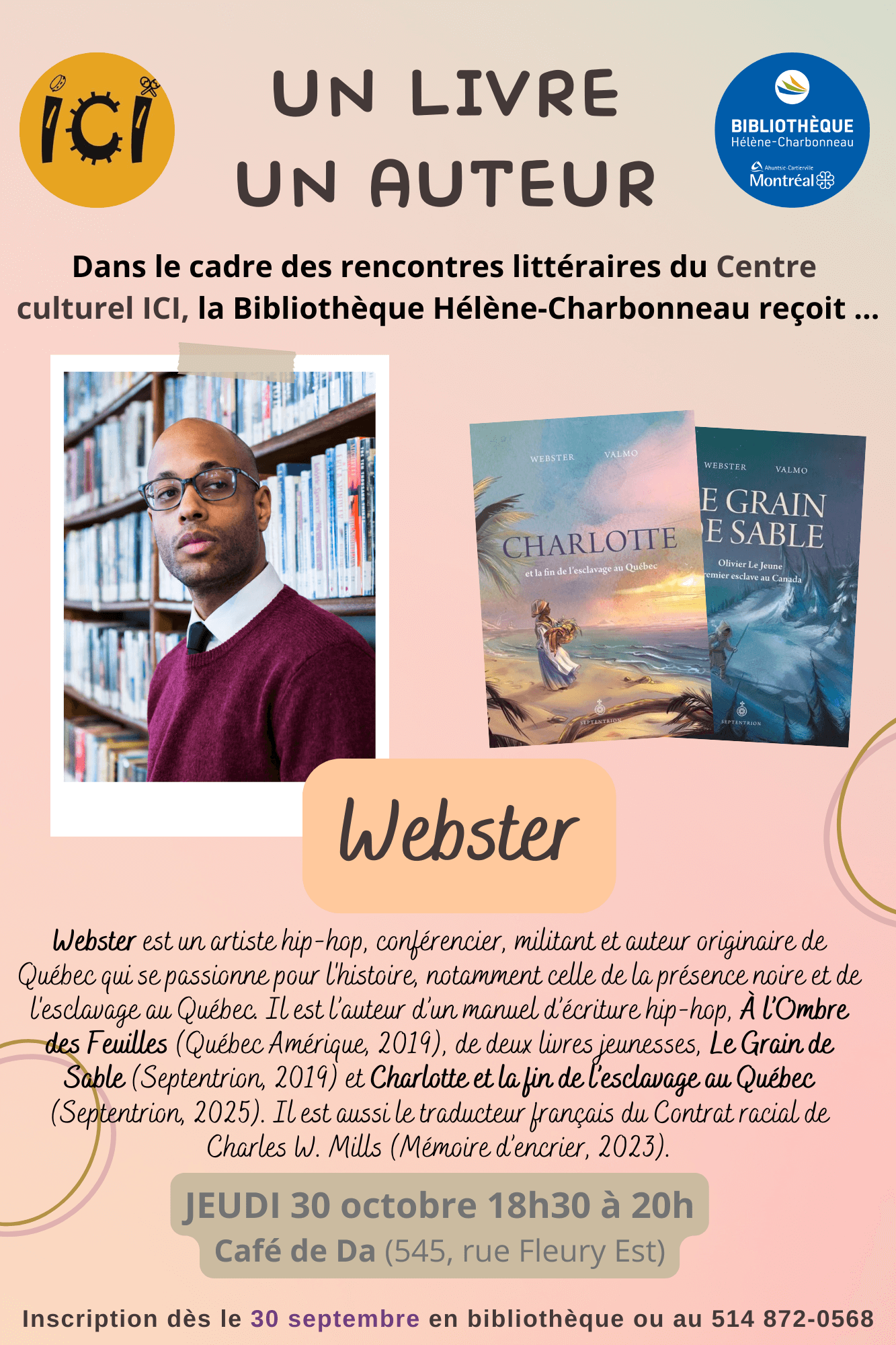 Image de l'article Rencontres littéraires – Un livre, un auteur Chaque dernier jeudi du mois à 18h30 au Café de Da de la Bibliotheque Helène Charbonneau
