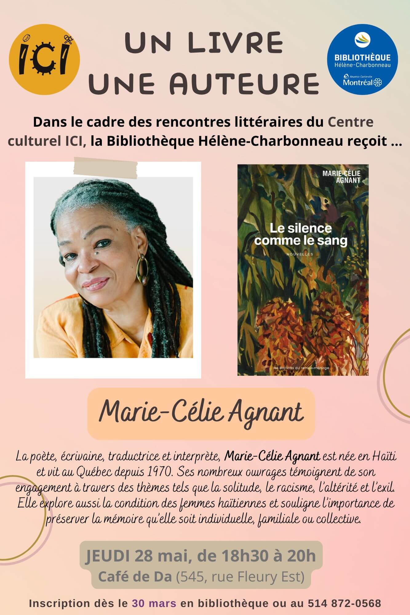 Image de l'article Rencontre litteraire-Un livre,une auteure : Marie Celie Agnant -Jeudi 28 mai au Café de Da-Bibliotheque Hélène Charbonneau