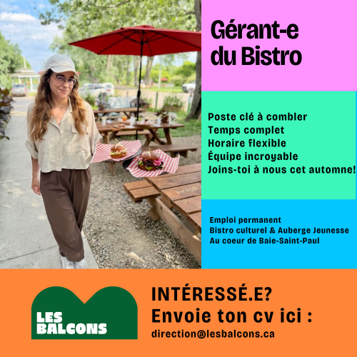 Offre d'emploi gérant.e de bistro à Baie-Saint-Paul