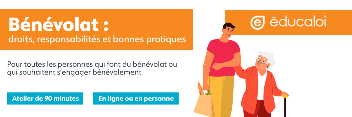 Le nouvel atelier d’Éducaloi offre un aperçu des droits et des responsabilités liés au bénévolat, ainsi que du cadre dans lequel s’inscrit l’engagement bénévole. 